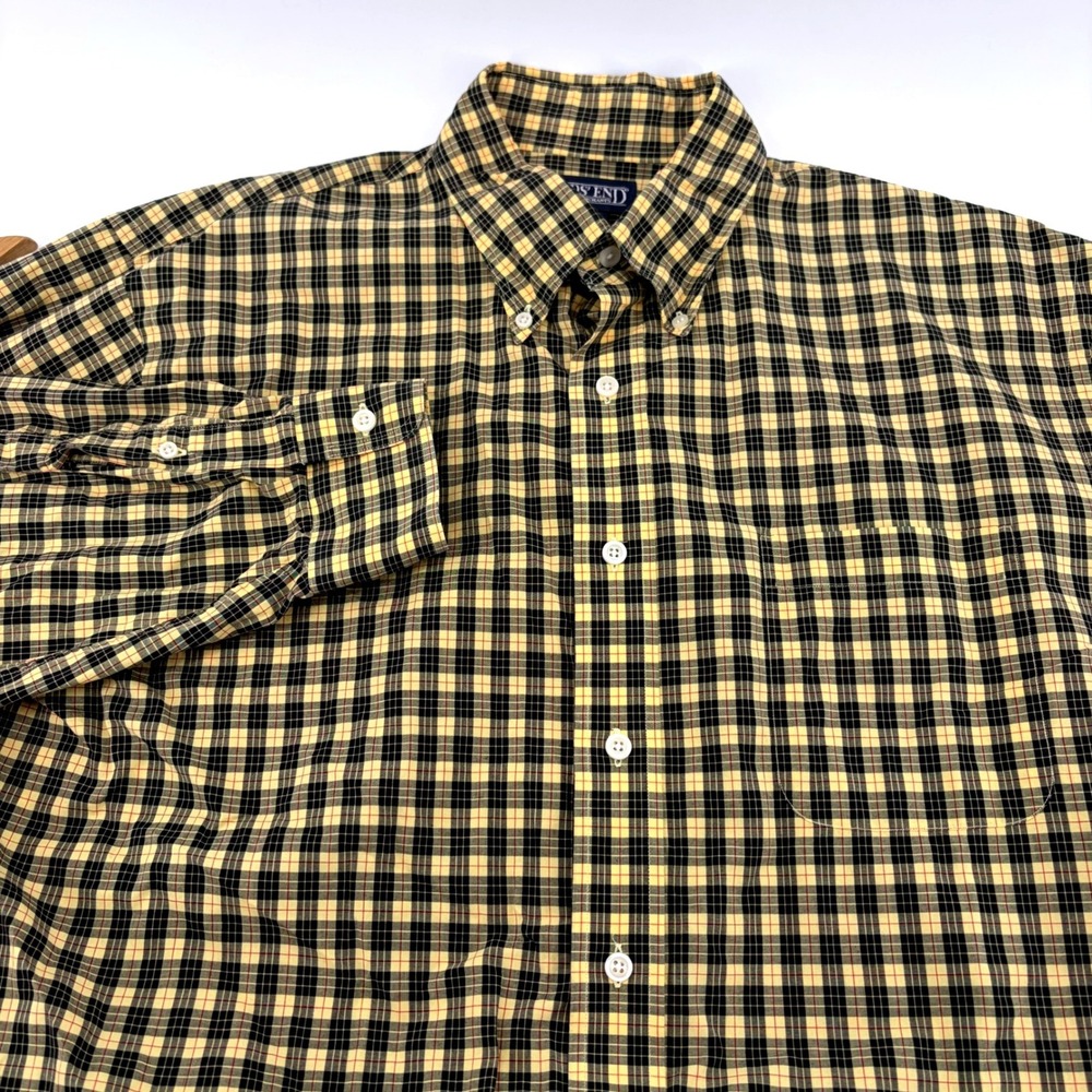 Lands End Mens Plaid Button Down Shirt Yellow Black Red 16.5-32 Regular Cotton